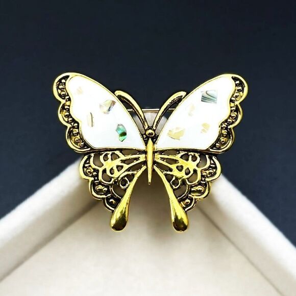 Yellow Gold with Embedded Shell in White Enamel Butterfly Pin Back Brooch - Picture 2 of 7